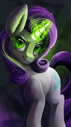Size: 1080x1920 | Tagged: safe, artist:camyllea, character:rarity, species:pony, species:unicorn, episode:inspiration manifestation, g4, my little pony: friendship is magic, cutie mark, dark magic, female, glowing horn, green eyes, inspirarity, looking at you, magic, mare, possessed, solo