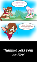 Size: 3556x6000 | Tagged: safe, artist:ithinkitsdivine, community related, character:arizona cow, character:pom lamb, character:tianhuo, species:cow, species:sheep, them's fightin' herds, bandana, cloven hooves, comic, female, it's always sunny in philadelphia, lamb, prank, simple background, sleeping, tempting fate, this ended in pain, this will end in fire, warm water prank, water
