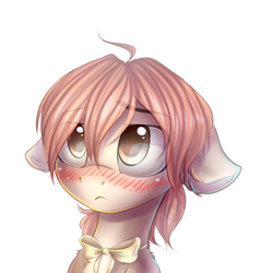 Size: 1146x1205 | Tagged: dead source, safe, artist:freckleplant, species:earth pony, species:pony, ahoge, anime, bloom into you, blushies, blushing, bow, bow tie, bust, commission, cute, eye clipping through hair, female, floppy ears, koito yuu, looking at you, manga, mare, ponified, simple background, solo, white background, yaga kimi, yagate kimi ni naru, yuu koito