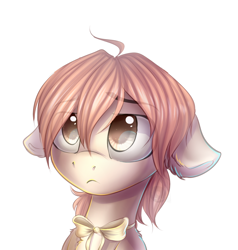 Size: 1146x1205 | Tagged: dead source, safe, alternate version, artist:freckleplant, species:earth pony, species:pony, ahoge, anime, bloom into you, bow, bow tie, bust, commission, cute, eye clipping through hair, female, floppy ears, koito yuu, looking at you, manga, ponified, solo, yaga kimi, yagate kimi ni naru, yuu koito