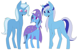 Size: 1619x1057 | Tagged: safe, artist:icey-wicey-1517, artist:sychia, edit, character:minuette, character:trixie, oc, oc:twinkle mint, parent:minuette, parent:trixie, parents:minixie, species:pony, species:unicorn, icey-verse, braces, cape, clothing, collaboration, color edit, colored, eyes closed, family, female, hat, lesbian, like mother like daughter, magical lesbian spawn, mare, minixie, mother and daughter, offspring, simple background, transparent background, trio, trixie's cape, trixie's hat