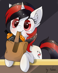 Size: 1000x1255 | Tagged: safe, artist:kaliner123, oc, oc only, oc:blackjack, species:pony, species:unicorn, fallout equestria, alcohol, applejack daniel's, bag, cute, cutie mark, female, jack daniels, mare, solo, to saddlebags and back again, whiskey