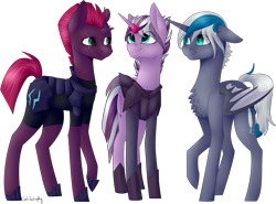 Size: 1560x1154 | Tagged: safe, artist:sychia, character:tempest shadow, oc, oc:elizabat stormfeather, oc:sergeant powershift, parent:oc:elizabat stormfeather, parent:tempest shadow, parents:stormshadow, species:alicorn, species:bat pony, species:pony, species:unicorn, icey-verse, my little pony: the movie (2017), alicorn oc, armor, bat pony alicorn, broken horn, canon x oc, chest fluff, eye scar, family, female, lesbian, magical lesbian spawn, mare, next generation, offspring, scar, shipping, simple background, stormshadow, transparent background