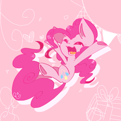 Size: 900x900 | Tagged: safe, artist:jisuppe, character:pinkie pie, species:earth pony, species:pony, balloon, chibi, cute, female, happy, heart, mare, present, solo, underhoof