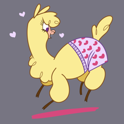 Size: 6000x6000 | Tagged: safe, artist:ithinkitsdivine, artist:lindsay towns, community related, character:paprika paca, species:alpaca, them's fightin' herds, absurd resolution, boxers, chest fluff, clothing, cloven hooves, female, gray background, heart, heart print underwear, simple background, smiling, solo, underwear