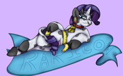 Size: 1600x1000 | Tagged: safe, artist:pavlovzdawg, character:rarity, species:cow, species:pony, species:unicorn, bell, cow pony, cowbell, cowified, ear tag, female, looking at you, mare, measuring tape, raricow, solo, species swap, transformation, udder