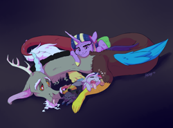 Size: 1967x1455 | Tagged: safe, artist:qatsby, character:discord, character:twilight sparkle, character:twilight sparkle (alicorn), oc, oc:ophelia, oc:persephone, parent:discord, parent:twilight sparkle, parents:discolight, species:alicorn, species:pony, ship:discolight, cuddle puddle, cuddling, drool, family, female, hybrid, interspecies offspring, male, offspring, pony pile, shipping, straight, tongue out, zzz