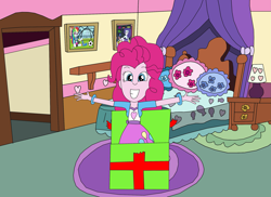 Size: 2337x1700 | Tagged: safe, artist:equestriaguy637, character:pinkie pie, character:rainbow dash, character:rarity, character:surprise, my little pony:equestria girls, bed, bedroom, big grin, box, clothing, dresser, grin, in a box, lamp, looking at you, picture frame, pillow, pinkie's room, practice, present, rug, shelf, smiling, wristband