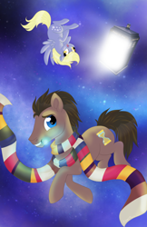 Size: 800x1236 | Tagged: safe, artist:karzii, character:derpy hooves, character:doctor whooves, character:time turner, species:earth pony, species:pegasus, species:pony, clothing, cute, doctor who, female, male, mare, mouth hold, scarf, smiling, sonic screwdriver, stallion, tardis