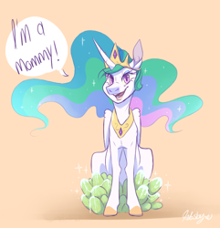 Size: 724x750 | Tagged: safe, artist:qatsby, character:princess celestia, parent:princess celestia, parent:thorax, parents:thoralestia, species:pony, dialogue, egg, female, mare, momlestia, offspring, oviposition, simple background, solo, speech bubble, wat