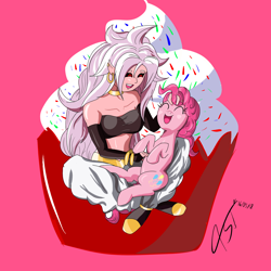 Size: 1500x1500 | Tagged: safe, artist:asajiopie01, character:pinkie pie, android 21, crossover, cupcake, dragon ball fighterz, dragon ball super, eyes closed, food, majin android 21, pinkie being pinkie, smiling, tickling