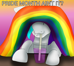 Size: 1240x1112 | Tagged: safe, artist:chaosmauser, oc, oc only, oc:chaosmauser, species:pony, drink, drinking, drinking straw, fangs, floppy ears, gay pride, gay pride flag, gradient background, hiding face, male, pride, pride flag, pride month, sipping, smiling, solo