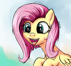 Size: 800x744 | Tagged: safe, artist:junkiekb, character:fluttershy, species:pony, alternate hairstyle, cute, female, open mouth, short hair, shyabetes, silly, silly pony, solo, tongue out
