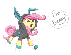 Size: 1942x1507 | Tagged: safe, artist:junkiekb, character:fluttershy, species:pegasus, species:pony, species:rabbit, bunny ears, clothing, cute, dangerous mission outfit, female, happy, hoodie, jumping, mare, open mouth, shyabetes, silly, silly pony, simple background, smiling, solo, weapons-grade cute, white background