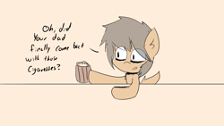 Size: 5120x2880 | Tagged: safe, artist:exxie, oc, oc only, species:earth pony, species:pony, alcohol, bags under eyes, beer, chest fluff, collar, dialogue, drink, female, filly, flat colors, tavern, text
