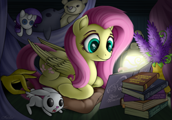 Size: 2700x1890 | Tagged: safe, artist:awalex, character:angel bunny, character:discord, character:fluttershy, character:rarity, book, button eyes, cute, dolphin, flower, lamp, lantern, plushie, rarity plushie, reading, shyabetes, surprised, tail, tail pull, teddy bear, wide eyes
