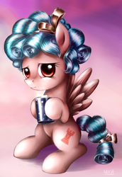 Size: 900x1306 | Tagged: safe, artist:nika191319, character:cozy glow, species:pegasus, species:pony, episode:marks for effort, g4, my little pony: friendship is magic, cozybetes, cute, cutie mark, drink, empathy cocoa, eyelashes, female, filly, food, mane, mare, marshmallow, not evil, sitting, solo, wings
