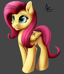 Size: 1600x1855 | Tagged: safe, artist:ac-whiteraven, character:fluttershy, species:pegasus, species:pony, female, folded wings, mare, simple background, smiling, solo, standing, three quarter view, wings