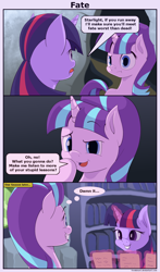 Size: 1330x2260 | Tagged: safe, artist:frenkieart, character:starlight glimmer, character:twilight sparkle, character:twilight sparkle (alicorn), species:alicorn, species:pony, species:unicorn, comic, dialogue, female, glowing horn, grin, magic, mare, smiling, speech bubble, telekinesis