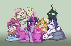 Size: 5100x3300 | Tagged: safe, artist:zanefir-dran, character:fluttershy, character:mean applejack, character:mean fluttershy, character:mean pinkie pie, character:mean rainbow dash, character:mean rarity, character:mean twilight sparkle, character:queen chrysalis, character:rainbow dash, species:alicorn, species:earth pony, species:pegasus, species:pony, species:unicorn, episode:the mean 6, g4, my little pony: friendship is magic, clone, clone six, former queen chrysalis, i'm surrounded by idiots, mommy chrissy