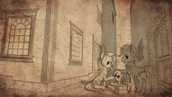 Size: 3840x2160 | Tagged: safe, artist:robsa990, idw, character:jack pot, character:sunflower spectacle, character:trixie, species:pony, g4, alleyway, clothing, female, filly, hat, jacktacle, male, mare, monochrome, sketch, stallion, top hat