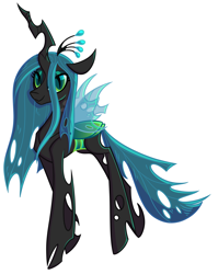 Size: 1650x2070 | Tagged: safe, alternate version, artist:puddingskinmcgee, character:queen chrysalis, species:changeling, changeling queen, crown, female, jewelry, looking at you, regalia, simple background, smiling, solo, standing