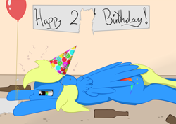 Size: 1000x706 | Tagged: safe, artist:fortes-feather, oc, oc only, oc:forté, species:pegasus, species:pony, balloon, banner, birthday, bottle, clothing, empty bottles, grumpy, hat, huff, party, party hat, piercing, rainbow eyes, simple background, solo