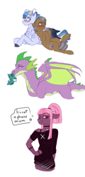 Size: 1735x3600 | Tagged: safe, artist:anyatrix, character:spike, oc, oc:fog frost, oc:moonstone, oc:rock sulphate, oc:shortcake, parent:cheese sandwich, parent:maud pie, parent:mudbriar, parent:night glider, parent:pinkie pie, parent:princess luna, parent:spike, parents:cheesepie, parents:maudbriar, parents:nightdash, parents:spiluna, species:anthro, species:dracony, species:earth pony, species:pegasus, species:pony, anthro with ponies, hybrid, interspecies offspring, magical lesbian spawn, male, mouth hold, offspring, older, sketch, sketch dump, stallion, teary eyes