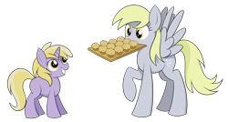 Size: 3582x1926 | Tagged: safe, artist:reconprobe, character:derpy hooves, character:dinky hooves, species:pegasus, species:pony, species:unicorn, duo, equestria's best daughter, equestria's best mother, female, filly, food, headcanon, like mother like daughter, mare, mother and daughter, muffin, simple background, transparent background