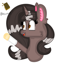Size: 1568x1680 | Tagged: safe, artist:mlpfan2017, oc, oc only, oc:brownie, species:pony, species:unicorn, bust, female, happy, long mane, mare, markings, neck, pose, shading, shiny mane, side view, simple background, solo, white background