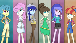 Size: 5984x3376 | Tagged: safe, artist:vicakukac200, character:fine line, character:lemon hearts, character:minuette, character:rainbow stars, character:sea swirl, character:twinkleshine, my little pony:equestria girls, clothing, equestria girls-ified, looking up, pants, shorts