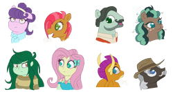 Size: 2063x1100 | Tagged: safe, artist:swasfews, character:babs seed, character:burnt oak, character:cracked wheat, character:fluttershy, character:minty mocha, character:smolder, character:suri polomare, character:wallflower blush, species:dragon, species:earth pony, species:human, species:pony, bust, dragoness, female, filly, mare, simple background, transparent background