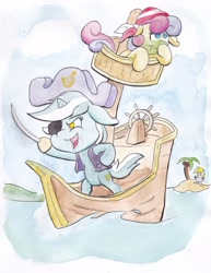 Size: 2129x2759 | Tagged: safe, artist:lost marbles, character:bon bon, character:derpy hooves, character:lyra heartstrings, character:sweetie drops, bipedal, clothing, eyepatch, hat, island, nauseous, palm tree, pirate, pirate hat, sea sickness, ship, sword, traditional art, tree, weapon