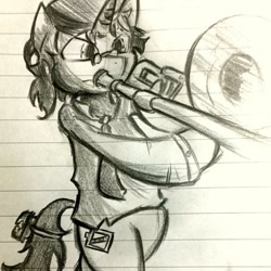 Size: 726x726 | Tagged: safe, artist:mr.candy_owo, oc, oc only, oc:schwarz, lined paper, solo, traditional art, trombone