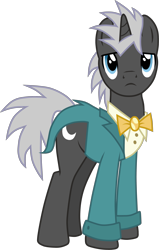 Size: 2485x3896 | Tagged: safe, artist:vicakukac200, character:dark moon, character:graphite, species:pony, species:unicorn, clothing, grand galloping gala, male, simple background, solo, suit, transparent background