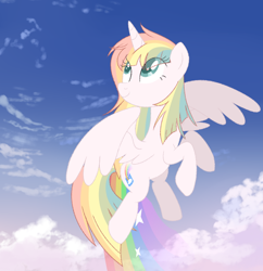 Size: 630x652 | Tagged: safe, artist:owlity, oc, oc only, oc:sweet dreams, species:alicorn, species:pony, cloud, flying, rainbow, sky, solo