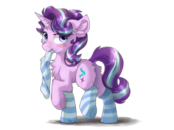 Size: 1707x1280 | Tagged: safe, artist:kaliner123, character:starlight glimmer, species:pony, species:unicorn, blushing, chest fluff, clothing, ear fluff, female, mare, messy mane, mouth hold, raised hoof, simple background, sock, socks, solo, striped socks, transparent background, underhoof