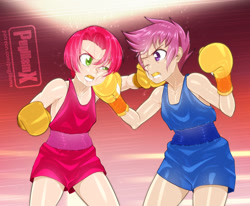 Size: 1280x1057 | Tagged: safe, artist:pugilismx, character:babs seed, character:scootaloo, species:human, boxing, boxing gloves, fight, humanized, short hair, sports, trunks