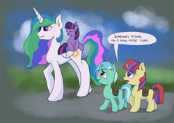 Size: 1754x1240 | Tagged: safe, artist:frenkieart, character:lyra heartstrings, character:moondancer, character:princess celestia, character:twilight sparkle, species:alicorn, species:pony, species:unicorn, cloud, cute, dialogue, female, filly, filly twilight sparkle, mare, momlestia, ponies riding ponies, pun, saddle bag, sky, speech bubble, teacher's pet, younger