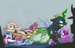 Size: 5100x3300 | Tagged: safe, artist:zanefir-dran, character:applejack, character:discord, character:fluttershy, character:mean applejack, character:mean fluttershy, character:mean pinkie pie, character:mean rainbow dash, character:mean rarity, character:mean twilight sparkle, character:pinkie pie, character:queen chrysalis, character:rainbow dash, character:rarity, character:screwball, character:skellinore, character:twilight sparkle, species:alicorn, species:earth pony, species:pegasus, species:pony, species:unicorn, episode:the break up break down, episode:the mean 6, g4, my little pony: friendship is magic, absurd resolution, clone, clone six, daddy discord, evil rainbow dash, eyes closed, former queen chrysalis, glowing horn, greed, groceries, levitation, magic, mane six, mommy chrissy, telekinesis