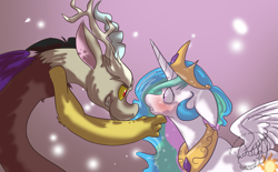Size: 1589x985 | Tagged: safe, artist:batlover800, character:discord, character:princess celestia, species:alicorn, species:pony, ship:dislestia, abstract background, blushing, duo, eye contact, female, floppy ears, grin, looking at each other, male, mare, shipping, straight