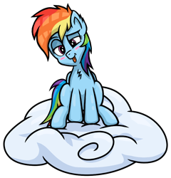 Size: 780x814 | Tagged: safe, artist:wellfugzee, character:rainbow dash, species:pegasus, species:pony, blushing, chest fluff, cloud, ear fluff, female, hooves, mare, on a cloud, simple background, sitting, sitting on a cloud, solo, tongue out, transparent background, wings