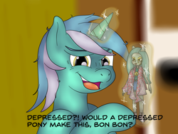 Size: 1600x1200 | Tagged: safe, artist:pavlovzdawg, character:bon bon, character:lyra heartstrings, character:sweetie drops, species:pony, species:unicorn, my little pony:equestria girls, camp fashion show outfit, doll, female, glowing horn, humie, insanity, levitation, magic, parks and recreation, solo, telekinesis, text, that pony sure does love humans, toy
