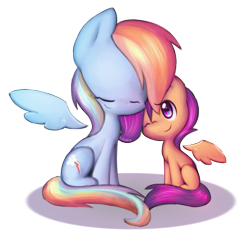 Size: 1000x949 | Tagged: safe, artist:lillynya, character:rainbow dash, character:scootaloo, species:pegasus, species:pony, duo, eyes closed, female, filly, floating wings, mare, one eye closed, scootalove, simple background, sitting, transparent background, wings