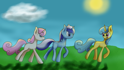 Size: 5984x3376 | Tagged: safe, artist:vicakukac200, character:lemon hearts, character:minuette, character:twinkleshine, species:pony, species:unicorn, cloud, female, looking back, mare, sky, smiling, sun, trotting