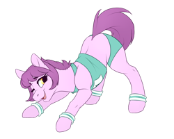 Size: 1280x1024 | Tagged: safe, artist:honiibree, oc, oc:sweet doots, species:earth pony, species:pony, clothing, looking at you, one eye closed, outfit, runner, simple background, smiling, solo, sports, sports bra, sports shorts, stretching, sweatband, tight clothing, transparent background, workout