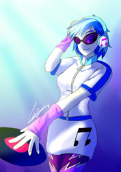Size: 2480x3507 | Tagged: safe, artist:mantarwolf, character:dj pon-3, character:vinyl scratch, my little pony:equestria girls, clothing, female, glasses, headphones, leggings, looking at you, record, solo, speedpaint available