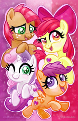 Size: 647x1000 | Tagged: safe, artist:sophillia, character:apple bloom, character:babs seed, character:scootaloo, character:sweetie belle, species:earth pony, species:pegasus, species:pony, species:unicorn, adorababs, adorabloom, bow, cute, cutealoo, cutie mark crusaders, diasweetes, female, filly, looking at you, one eye closed