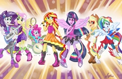 Size: 1024x663 | Tagged: safe, artist:sophillia, character:applejack, character:fluttershy, character:pinkie pie, character:rainbow dash, character:rarity, character:sunset shimmer, character:twilight sparkle, character:twilight sparkle (alicorn), equestria girls:rainbow rocks, g4, my little pony: equestria girls, my little pony:equestria girls, abstract background, drums, female, guitar, humane five, humane seven, humane six, microphone, ponied up, the rainbooms