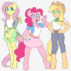 Size: 1600x1580 | Tagged: safe, artist:liziedoodle, character:applejack, character:fluttershy, character:pinkie pie, species:anthro, species:earth pony, species:pegasus, species:pony, species:unguligrade anthro, colored, colored sketch, equestria girls outfit, open mouth, sketch, smiling, trio